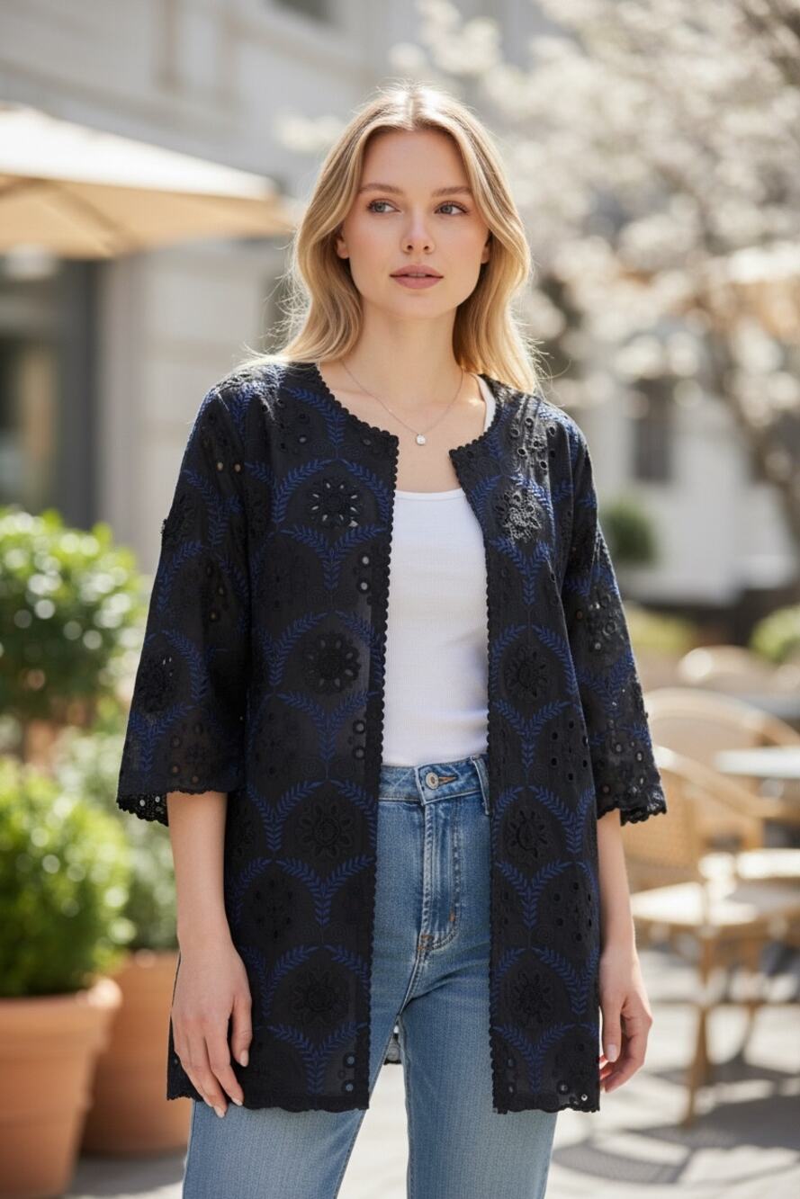 RUNGOLEE JACKET LAGENLOOK LONGLINE BLUE BLACK EMBROIDERED BOHEMIAN MINIMALIST
